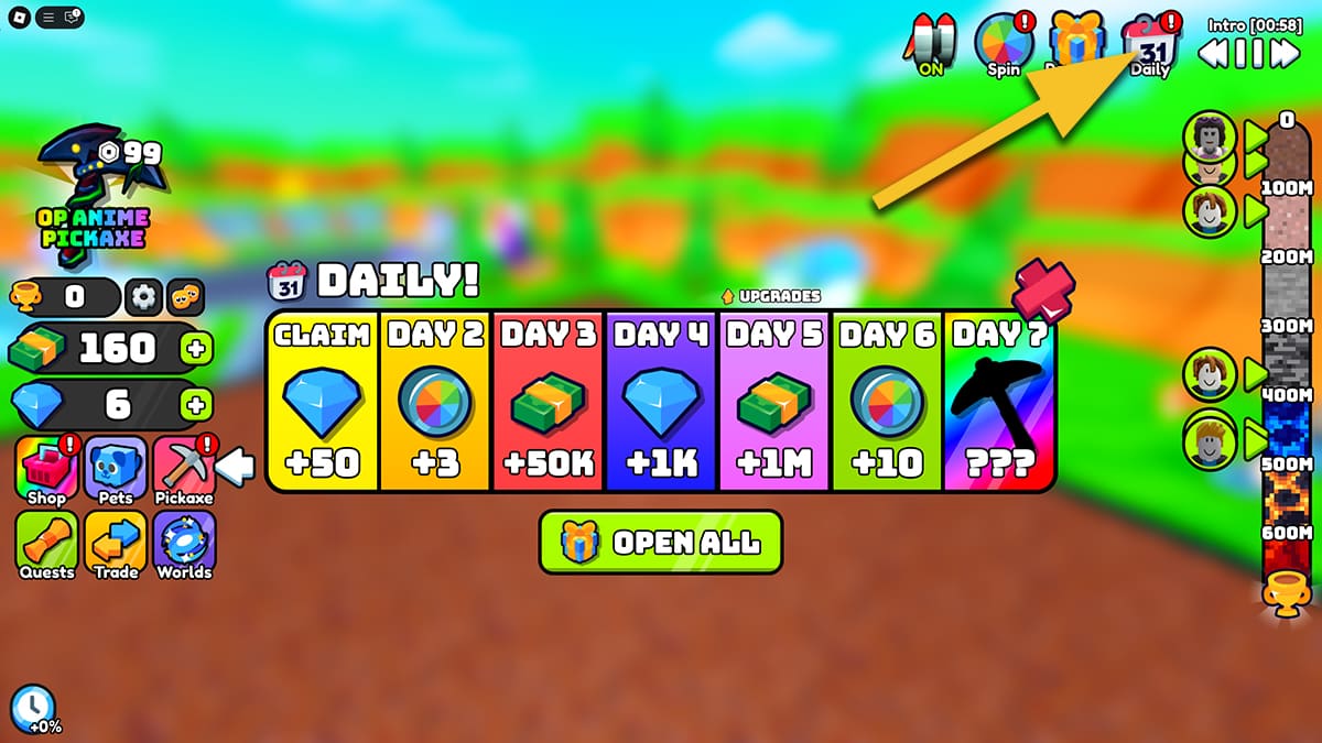 Image of the Daily rewards screen in Dig to Earth's Core on Roblox.