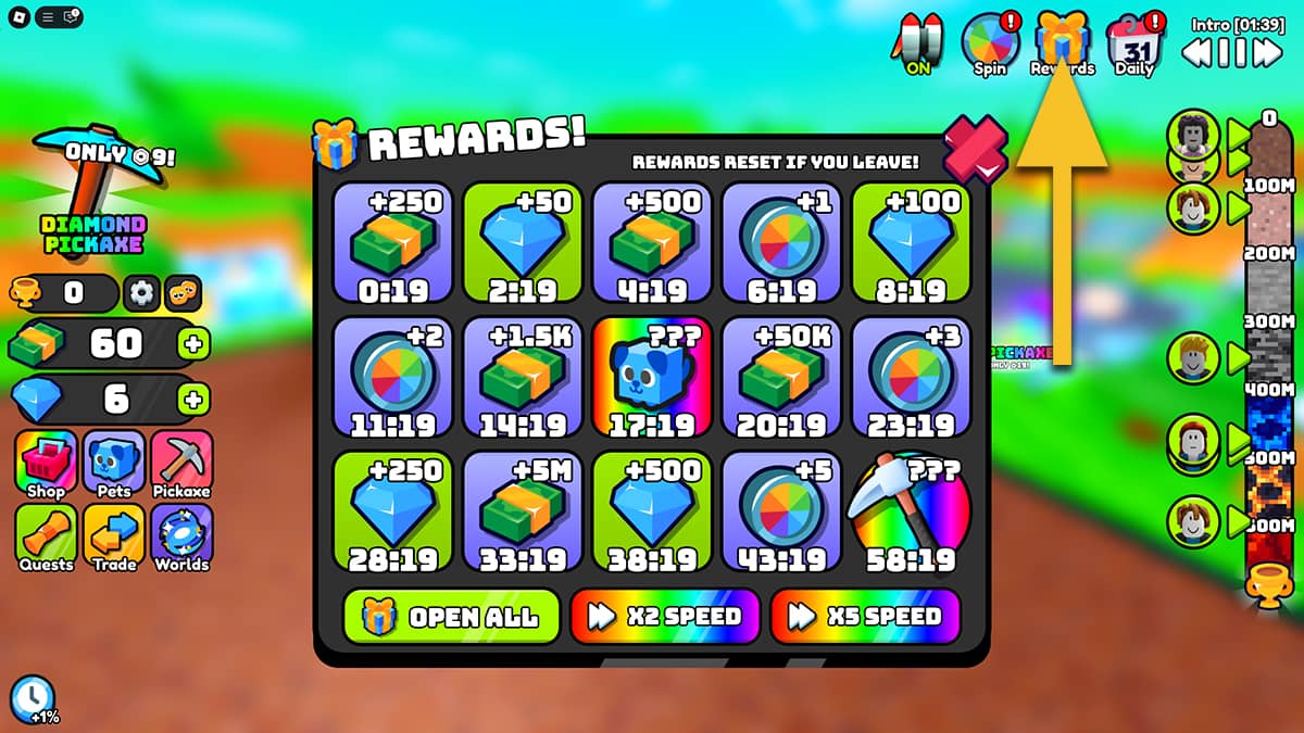Image of the Playtime rewards screen in Dig to Earth's Core on Roblox.