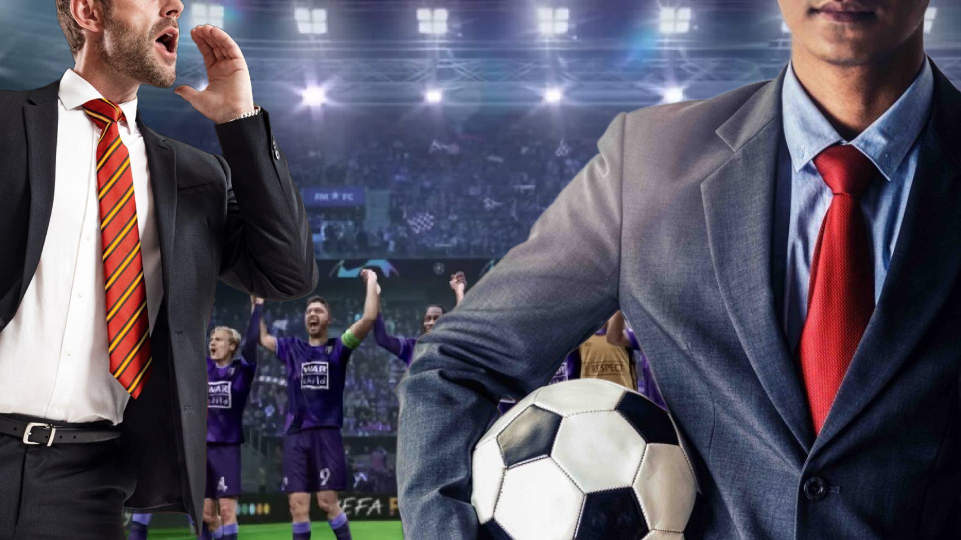 A director of football and a football manager on the pitch shouting at players