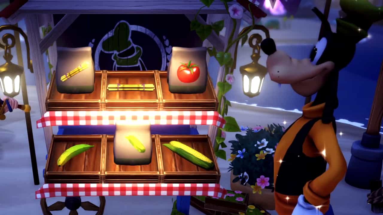 Goofy's Stall in Disney Dreamlight Valley, selling tomato seeds.
