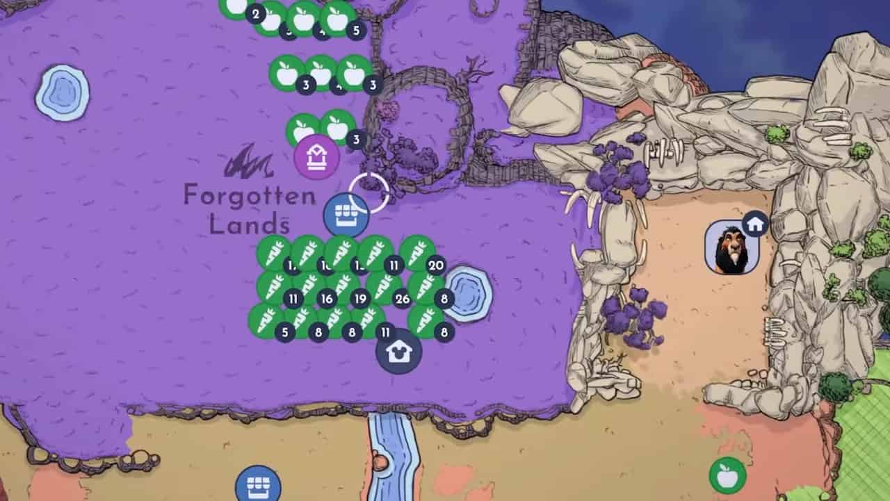A screenshot of a map of Disney Dreamlight Valley showcasing the Forgotten Lands