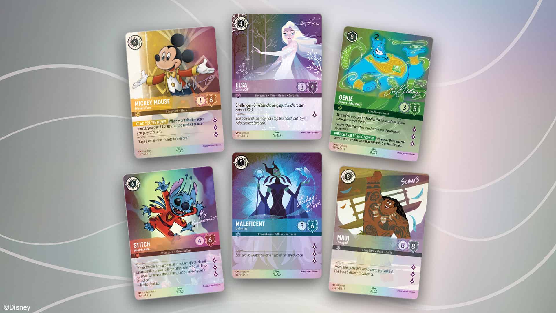 A collector's set of Disney Lorcana character cards.