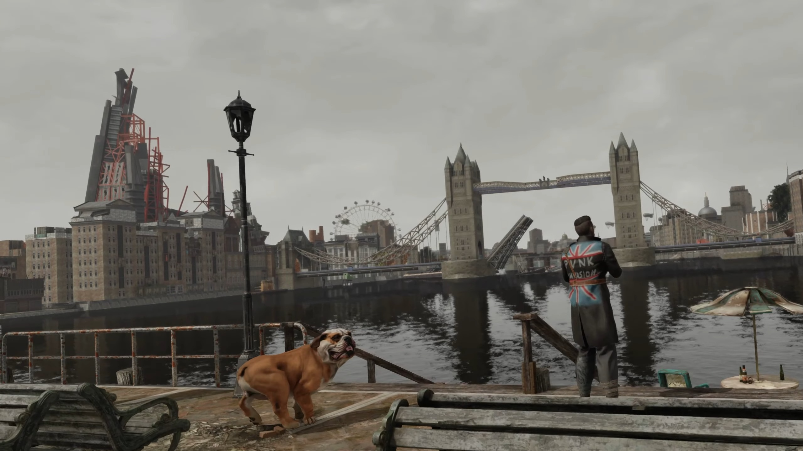 Does Fallout London work with Game Pass: A man and bulldog on the side of the River Thames looking towards Tower Bridge and the London Eye in the distance.