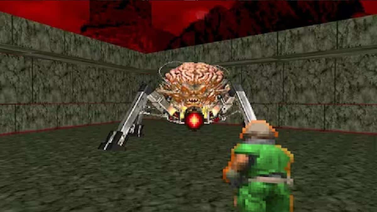 A mesmerizing screenshot of a video game capturing a courageous man bravely facing an imposing monster.