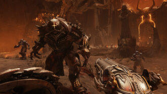 DOOM The Dark Ages: shielded enemy near a dark fantastic structure.