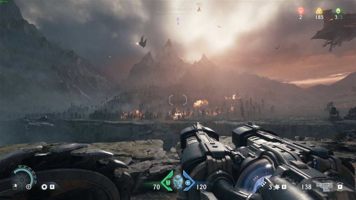 DOOM The Dark Ages review: sun peaking over a mountain.