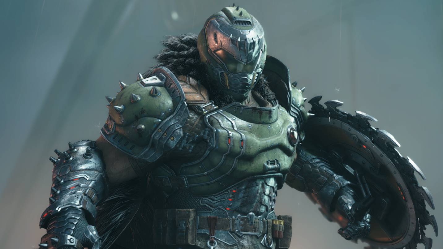 DOOM The Dark Ages review: the DOOM Slayer holding a shield.