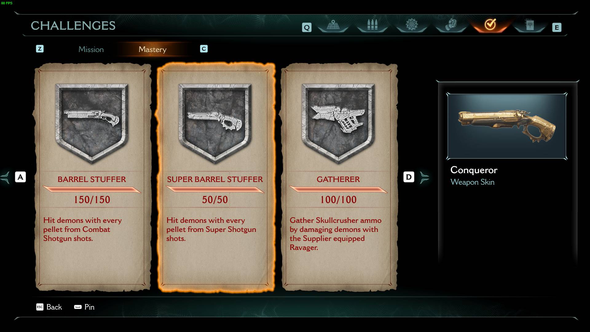 DOOM The Dark Ages weapon Mastery Challenge list: Challenges portion of the Dossier.