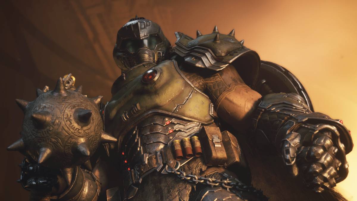 DOOM The Dark Ages all weapons list: the DOOM Slayer holding the flail melee weapon.