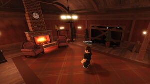 Image of the player standing near the fireplace in the spawn zone of Doors on Roblox.