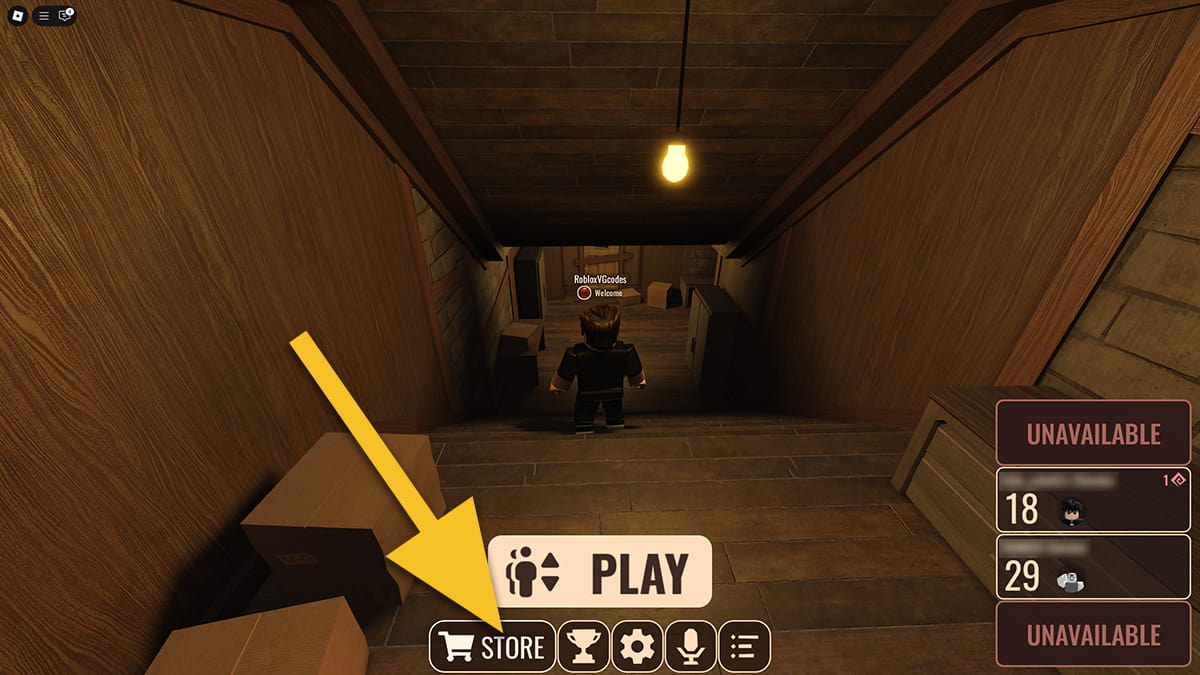 Image of the player in the spawn zone of Doors on Roblox, with an arrow pointing at the Store icon.