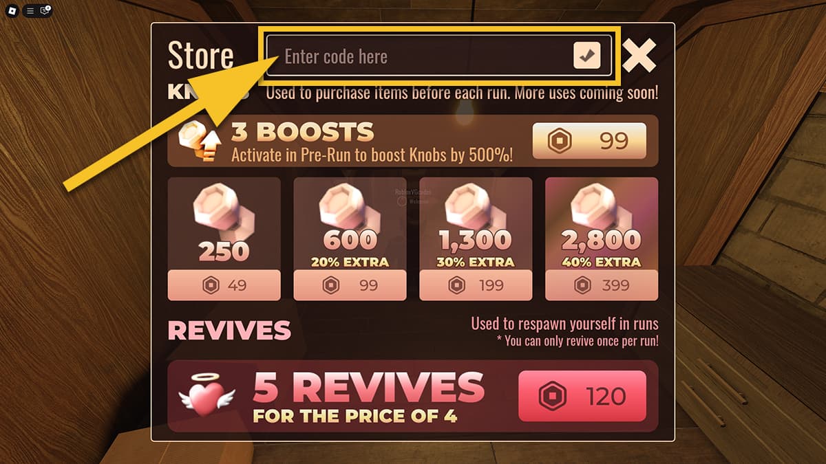 Image of the Store window in Doors on Roblox, with an arrow and a box focusing on the code redemption box.