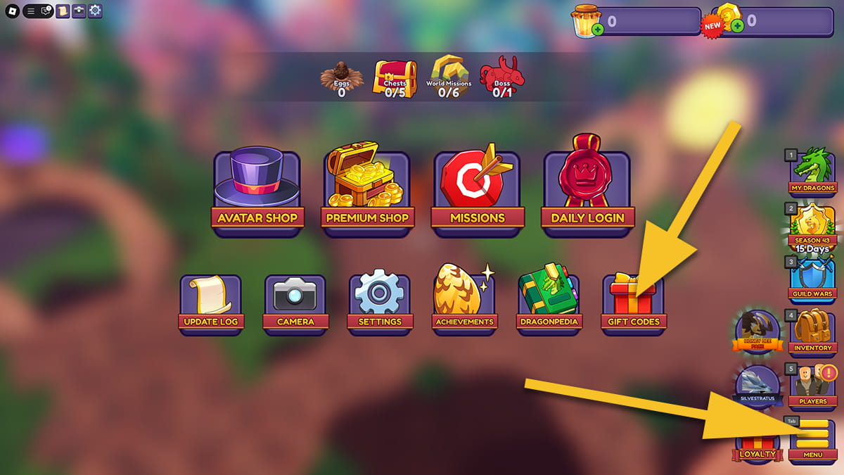 Image of the Menu window in Dragon Adventures on Roblox, with arrows pointing at the Menu icon and the Gift Codes icon.