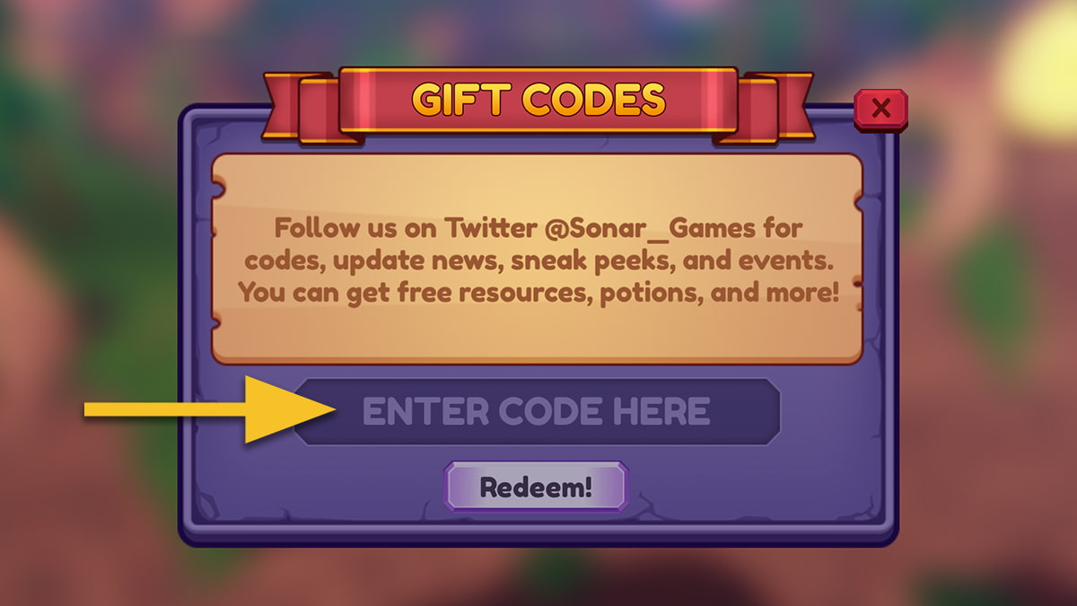 Image of the code redemption screen in Dragon Adventures on Roblox, with an arrow pointing at the code input text box.