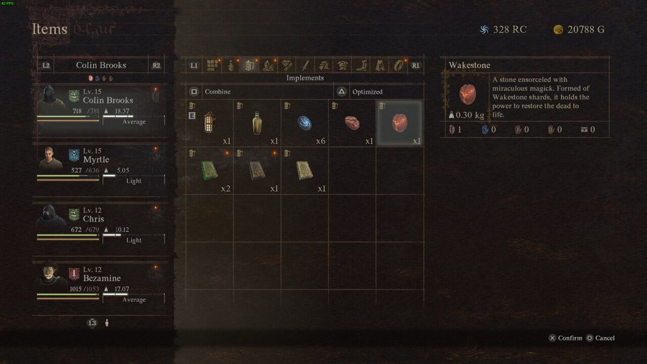An in-game inventory screen from Dragon's Dogma 2 displaying various items including wakestones and character statistics.