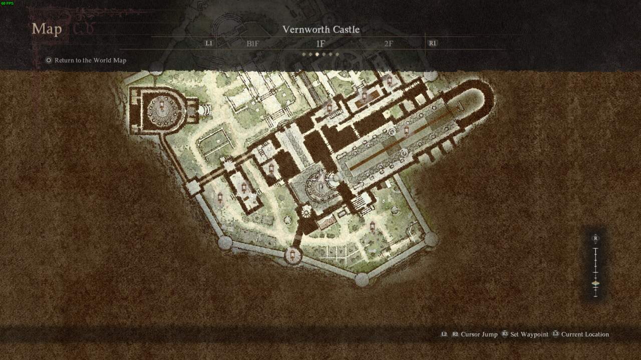 A digital depiction of a castle's map layout in Dragon's Dogma 2, featuring multiple floors and sections with a medieval aesthetic.