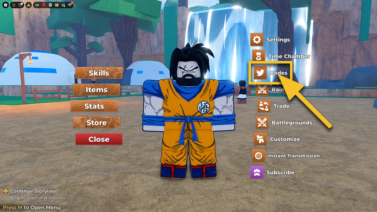 Image of the player profile with the Options menu open in Dragon Soul on Roblox, and an arrow pointing at the Codes icon.