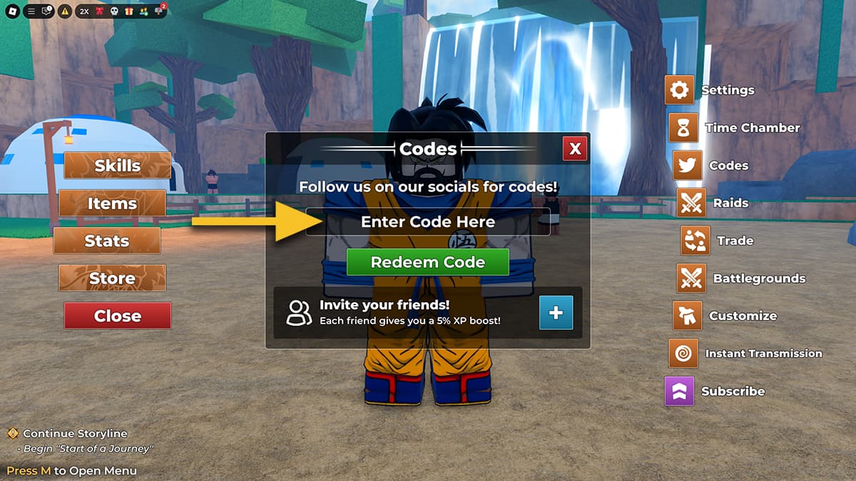 Image of the code redemption window in Dragon Soul on Roblox, with an arrow pointing at the code input text box.
