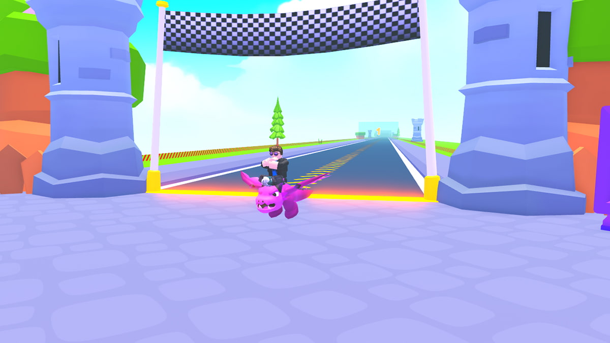 Image of the player character riding a dragon in front of a race track in Dragon Training game on Roblox.