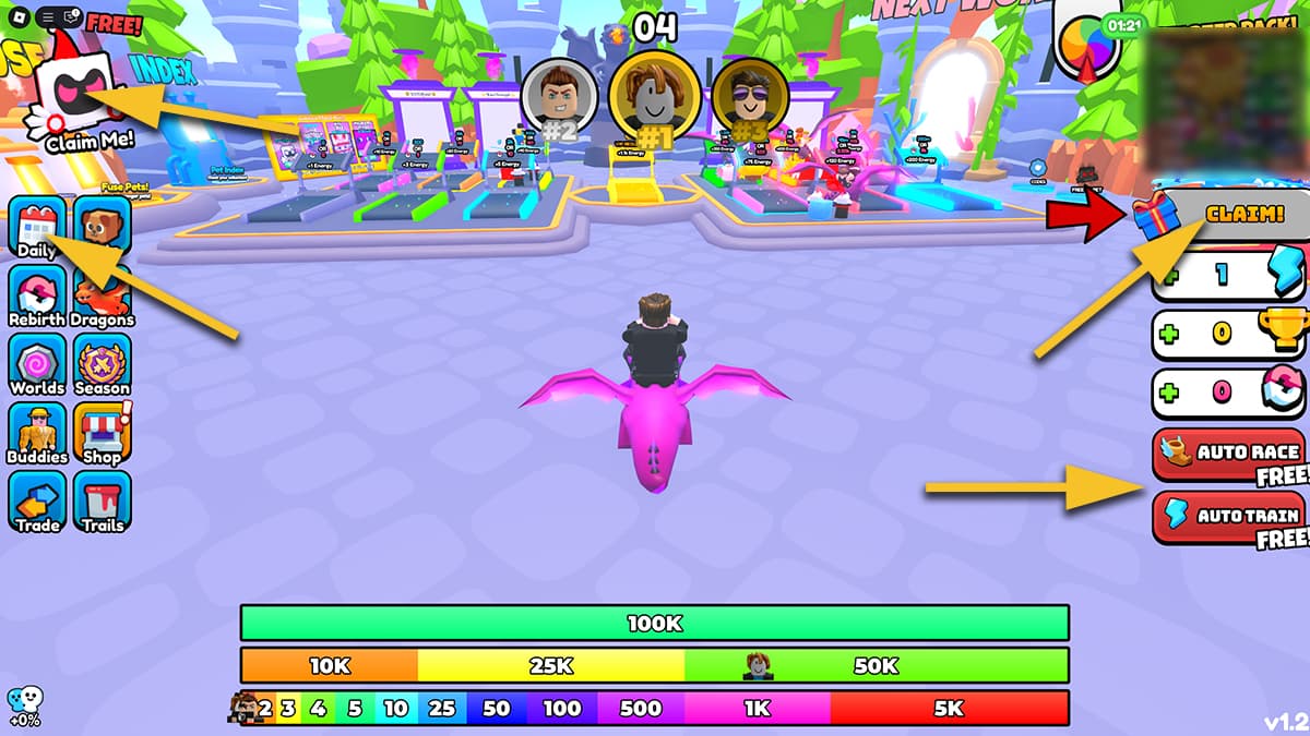 Image of the spawn area in Dragon Training on Roblox, with arrows pointing out the free rewards.