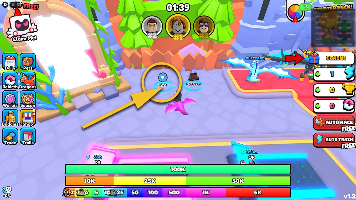 Image of the spawn area in Dragon Training on Roblox with the Codes circle marked.
