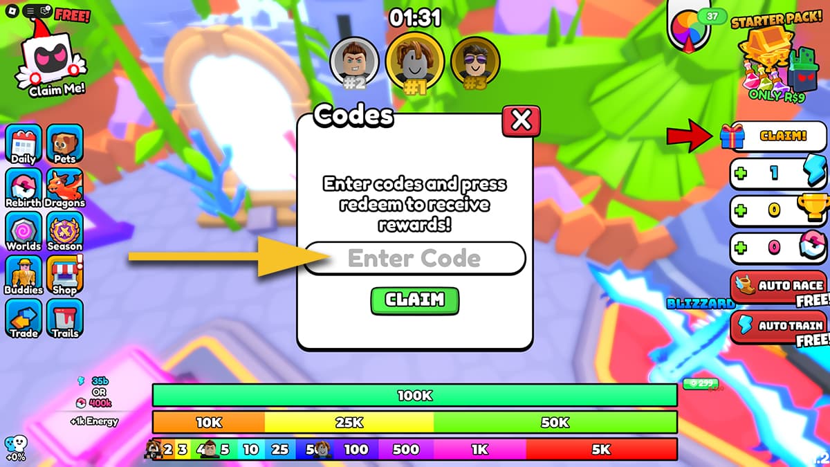 Image of the code redemption window in Dragon Training on Roblox.