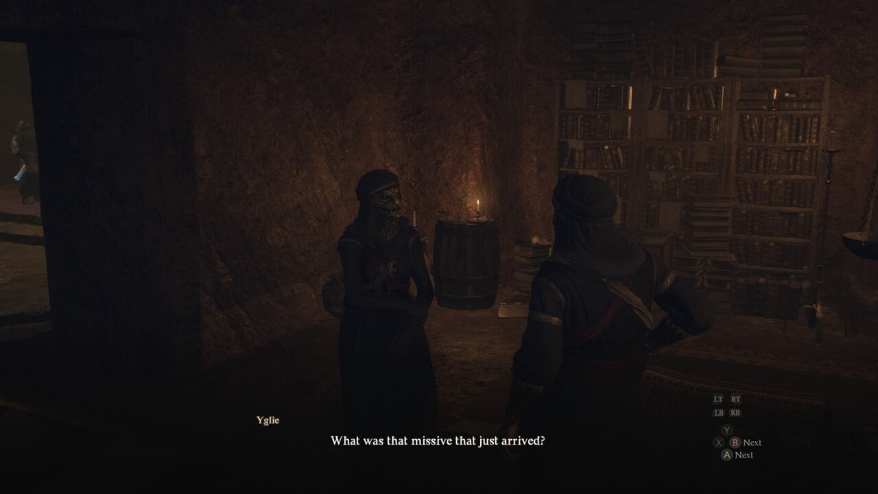 Dragon's Dogma 2 A Veil of Gossamer Clouds: Yglie and Jerome talking in the Forbidden Magick Research Lab.