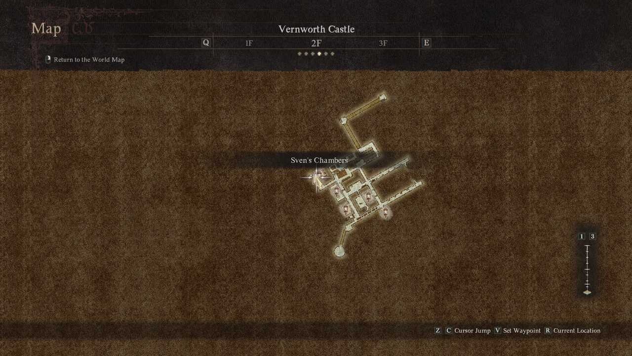 Dragon's Dogma 2 A Veil of Gossamer Clouds: The location of Sven's Chambers on a map of Vernworth Castle.