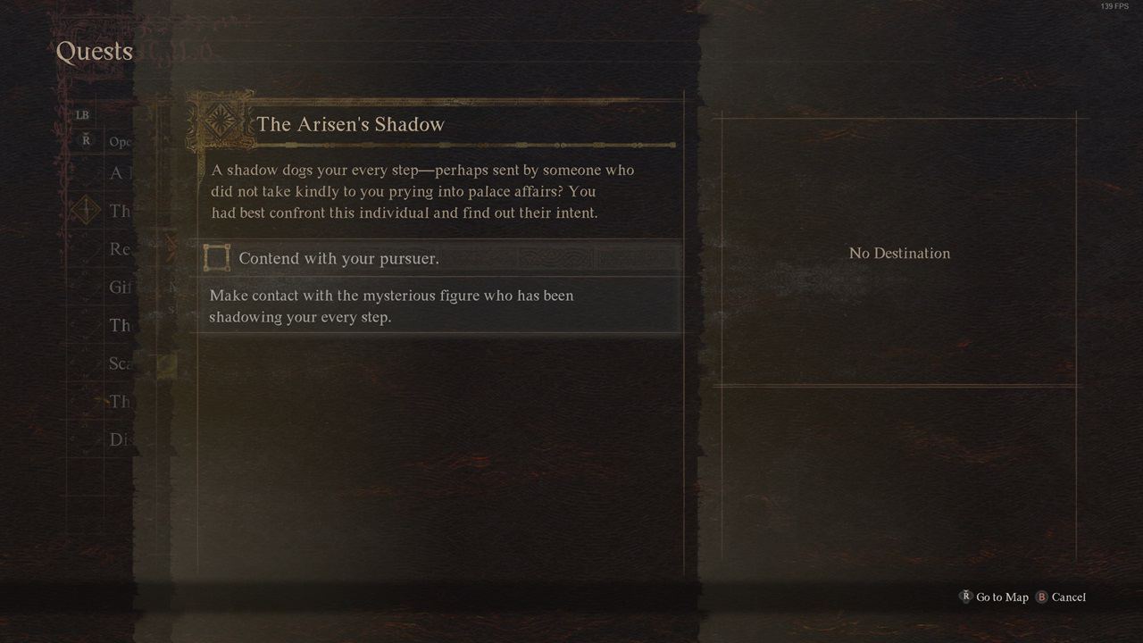 Dragon's Dogma 2 Arisen's Shadow: An image of the Arisen's Shadow quest log. Image captured by VideoGamer.