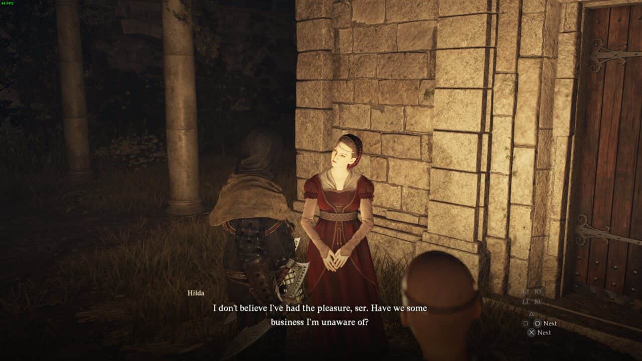 A character in medieval-style attire interacts with a player in a hooded cloak in the Dragon's Dogma 2 Beggar's Tale video game environment.