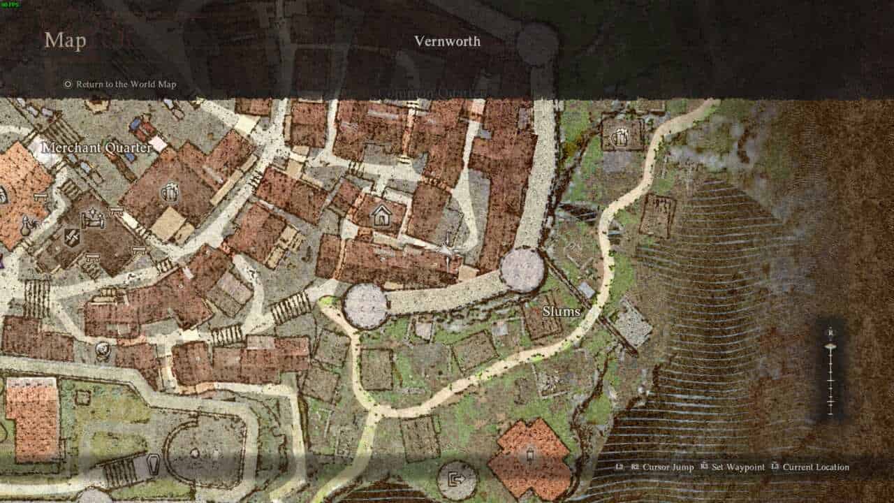 An in-game map from "Dragon's Dogma 2: Beggar's Tale" depicting a fantasy medieval town layout with districts labeled "merchant quarter" and "slums," and a location marker