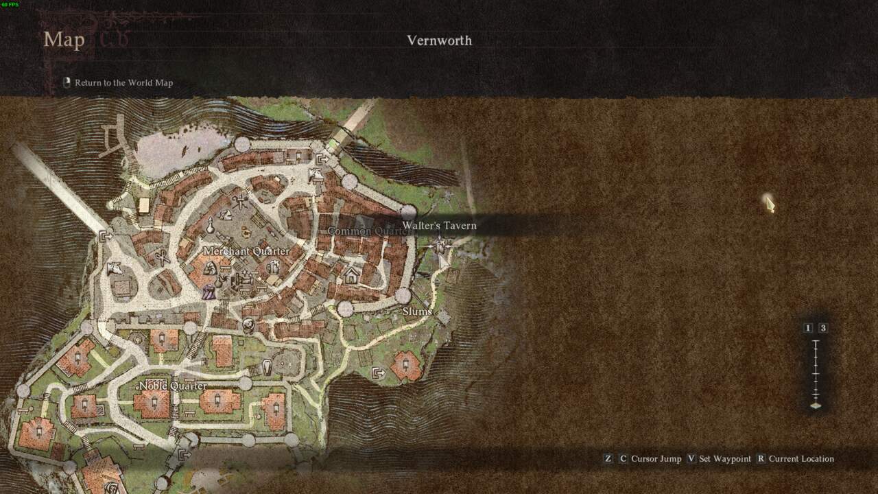 A screenshot of an in-game map user interface from Dragon's Dogma 2: Beggar's Tale, a fantasy-themed video game, highlighting various locations such as "worker's tavern" and city
