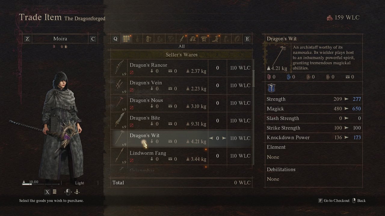 Dragon's Dogma 2 best archistaff: A player examines the Dragon's Wit weapon in the Dragonforged store. Image captured by VideoGamer.