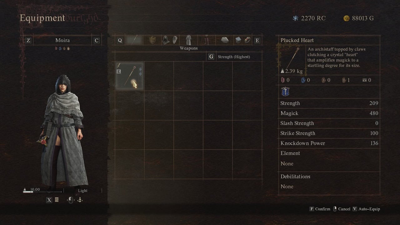 Dragon's Dogma 2 best archistaff: A player's pawn wields the Plucked Heart weapon in the game's inventory section. Image captured by VideoGamer.