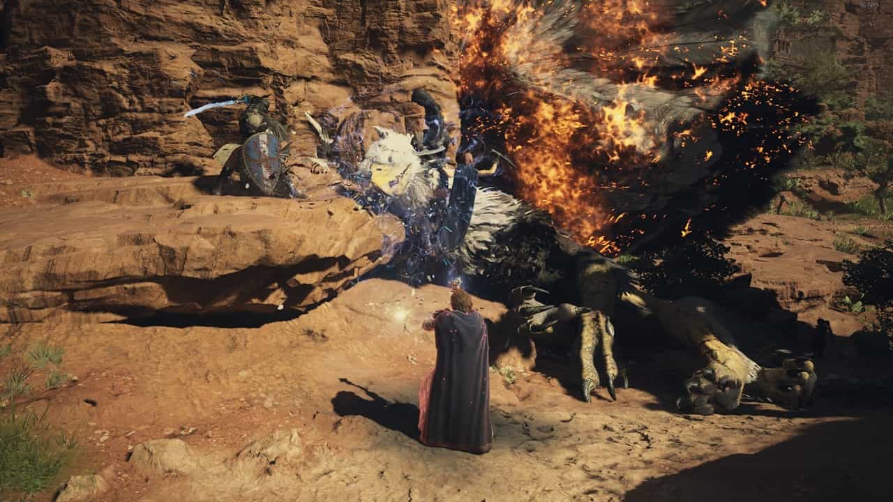 Dragon's Dogma 2 best build for Mage: An image of a player fighting a Griffin with their pawns. Image captured by VideoGamer.