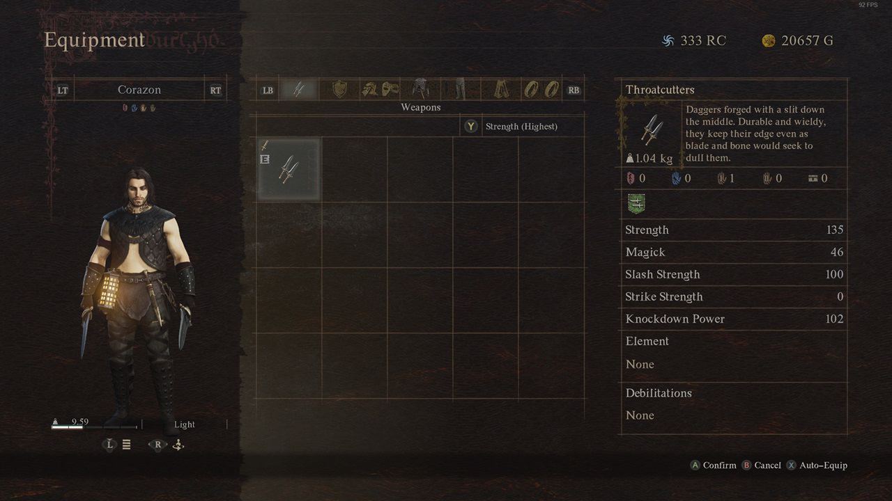 Dragon's Dogma 2 best daggers: An image of a Thief's inventory, highlighting the Throatcutters daggers in the game. Image captured by VideoGamer.