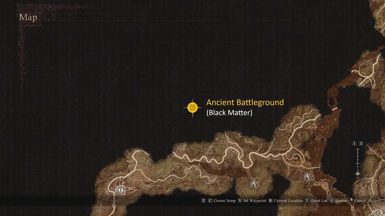 Dragon's Dogma 2 best hammer: A map showing the Ancient Battleground location in the game. Image captured by VideoGamer.