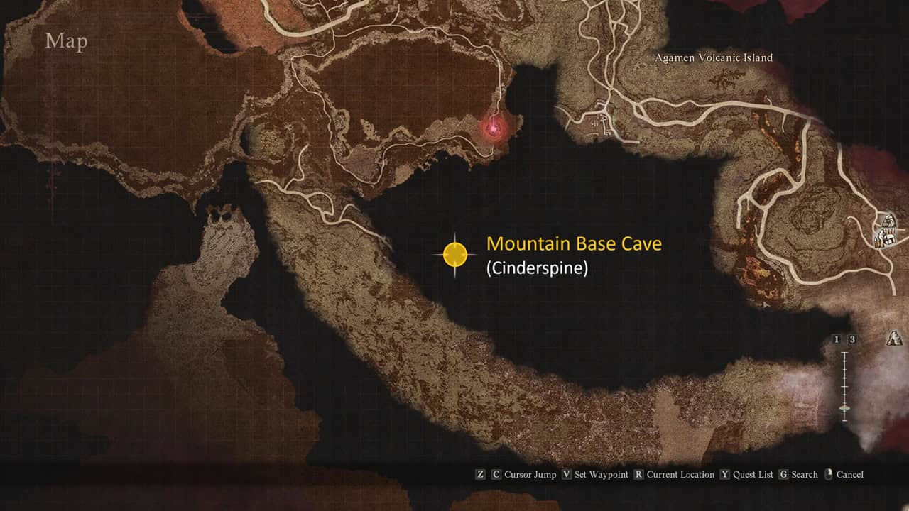 Dragon's Dogma 2 best hammer: A map highlighting where players can find the Mountain Base cave. Image captured by VideoGamer.