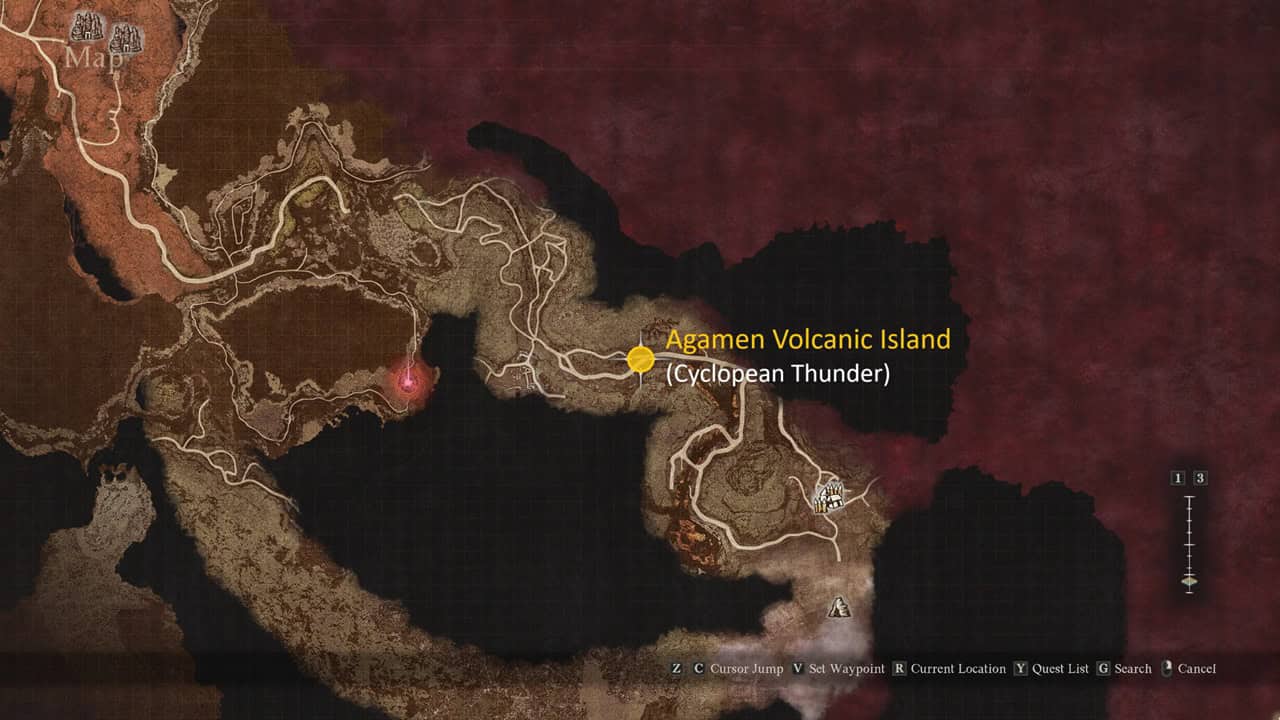 Dragon's Dogma 2 best hammer: A map marking a bridge where the Cyclopean Thunder item can be found. Image captured by VideoGamer.