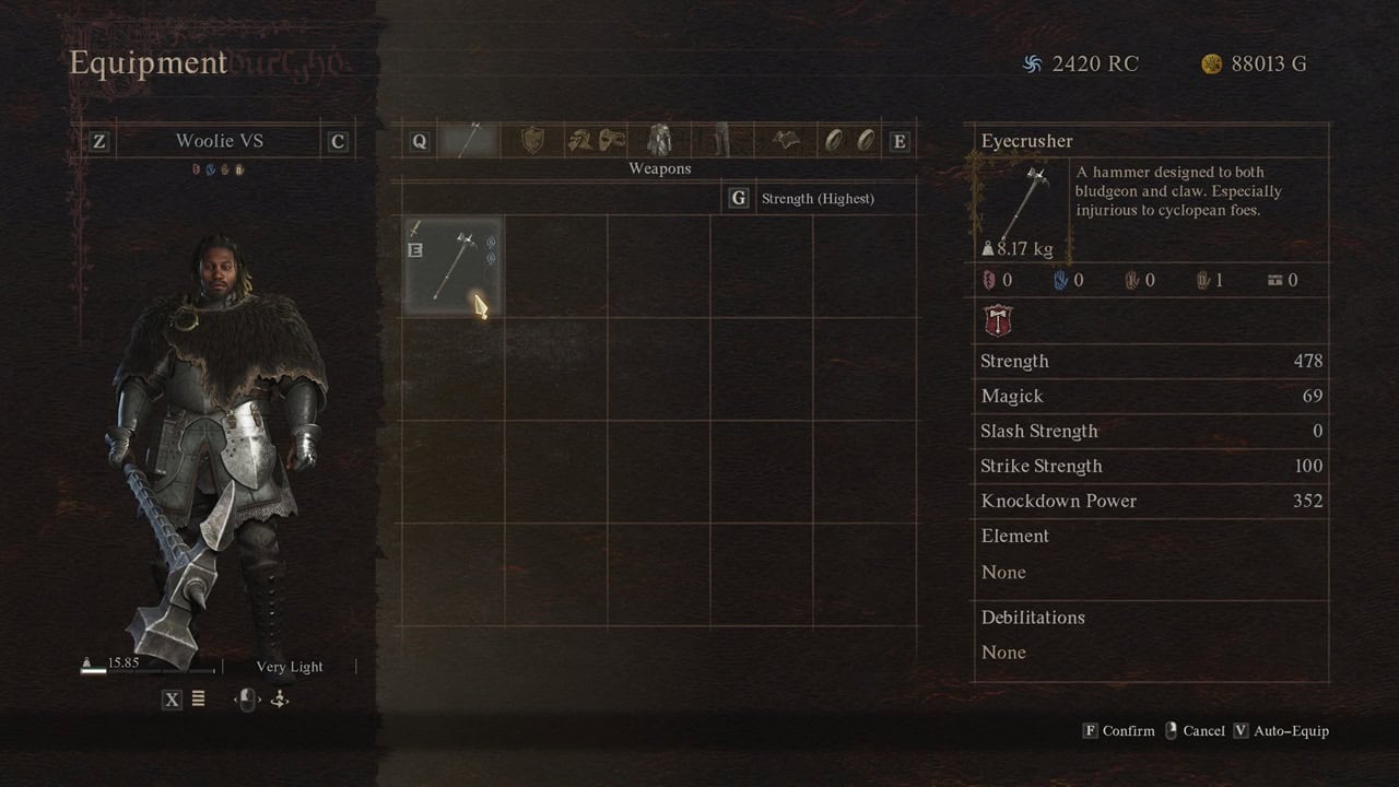Dragon's Dogma 2 best hammer: A player checks the Eyecrusher weapon in their inventory. Image captured by VideoGamer.