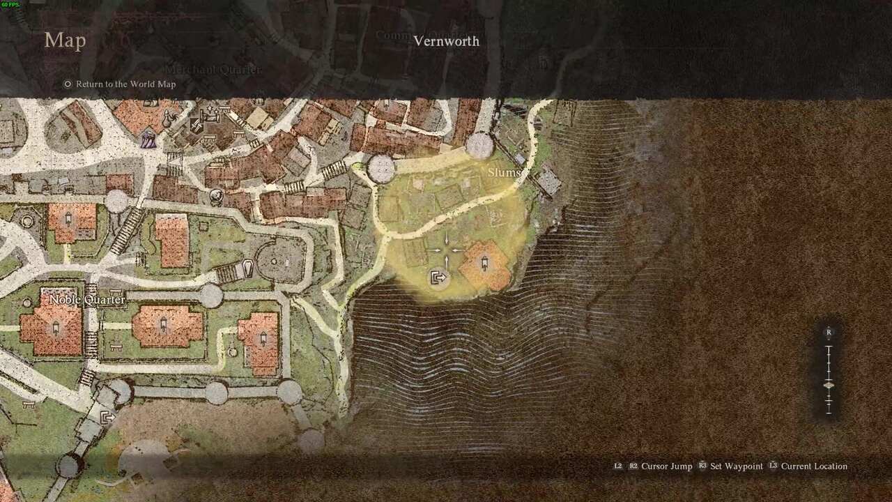 A screenshot of a video game map interface from "Dragon's Dogma 2: The Caged Magistrate," showing a medieval-style town layout and the surrounding terrain.