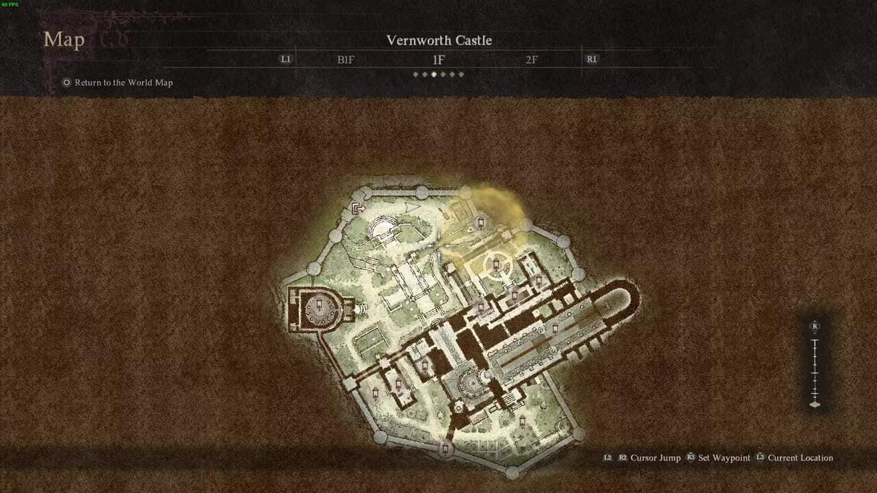 A digital map of a castle layout from Dragon's Dogma 2: The Caged Magistrate walkthrough with an indicator showing the current location.