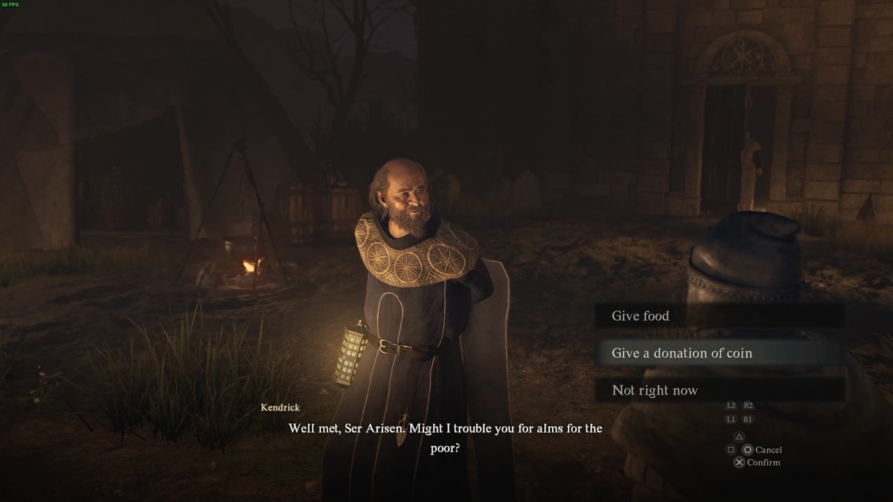 In Dragon's Dogma 2: The Caged Magistrate walkthrough, a character dressed in robes is requesting assistance, offering the player options to give food, a donation of coin, or to decline