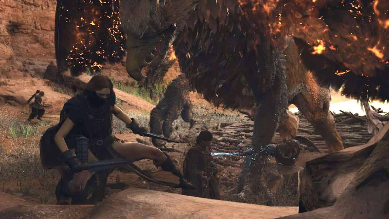 Dragon's Dogma 2 A Case of Sculptor's Block: A player fights a Griffin with his pawns. Image captured by VideoGamer.