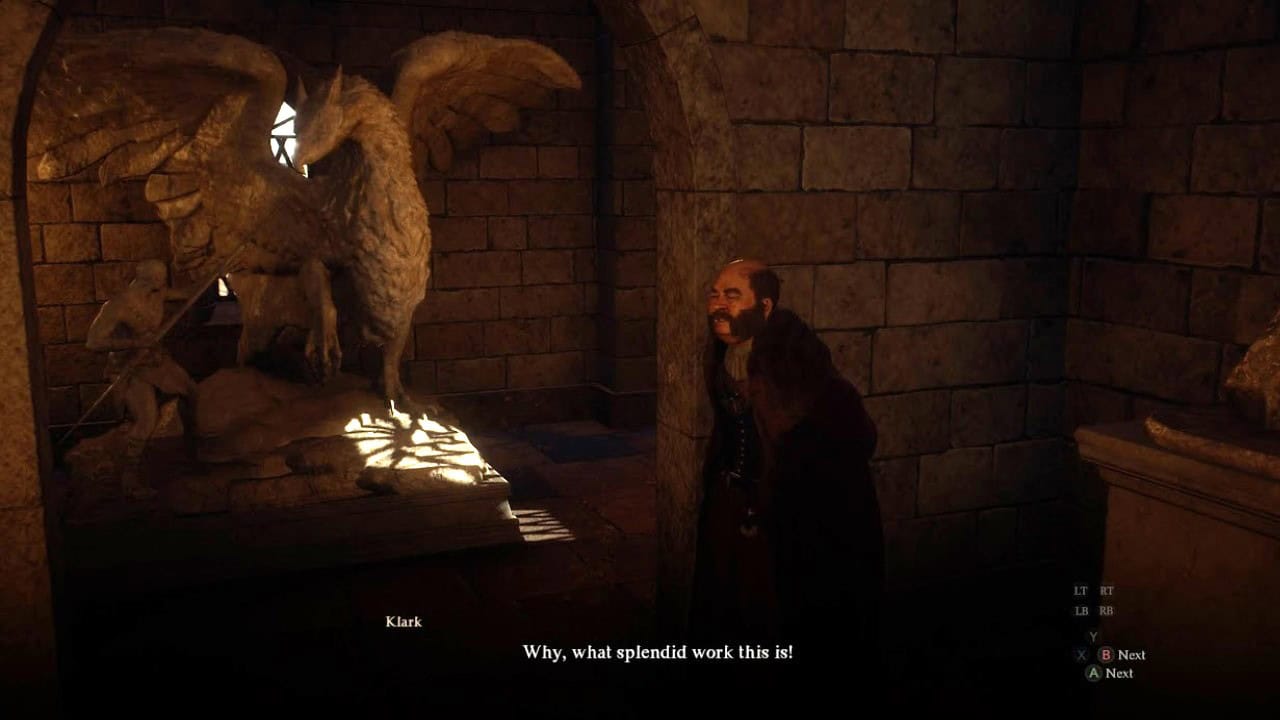 Dragon's Dogma 2 Sculptor's Block: Klark praises a Griffin sculpture in the game. Image captured by VideoGamer.