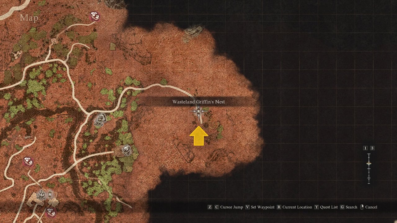 Dragon's Dogma 2 A Case of Sculptor's Block: A map highlighting the Wasteland Griffin's Nest in the game. Image captured by VideoGamer.
