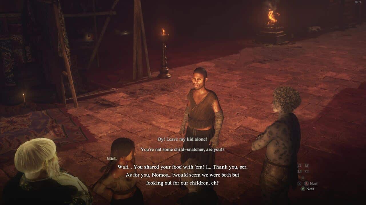 Dragon's Dogma 2 Civil Unrest: Glintt thanking the player for sharing food with his child.