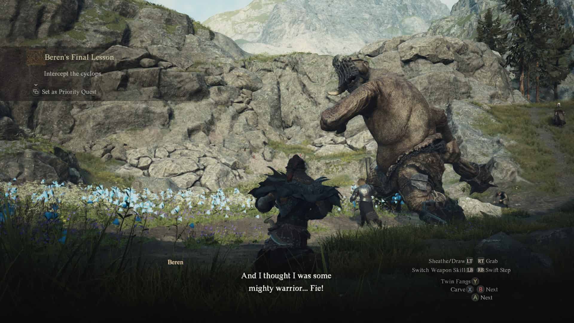 Dragon's Dogma 2 Claw Them Into Shape: Fighting the cyclops that attacks near Beren's camp.