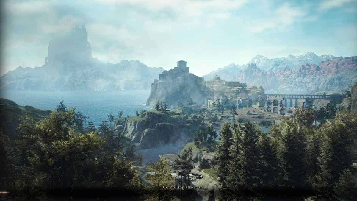 Coastal medieval fortress with a distant castle overlooking the sea, set in a scenic landscape during Dragon's Dogma 2 loading screen.