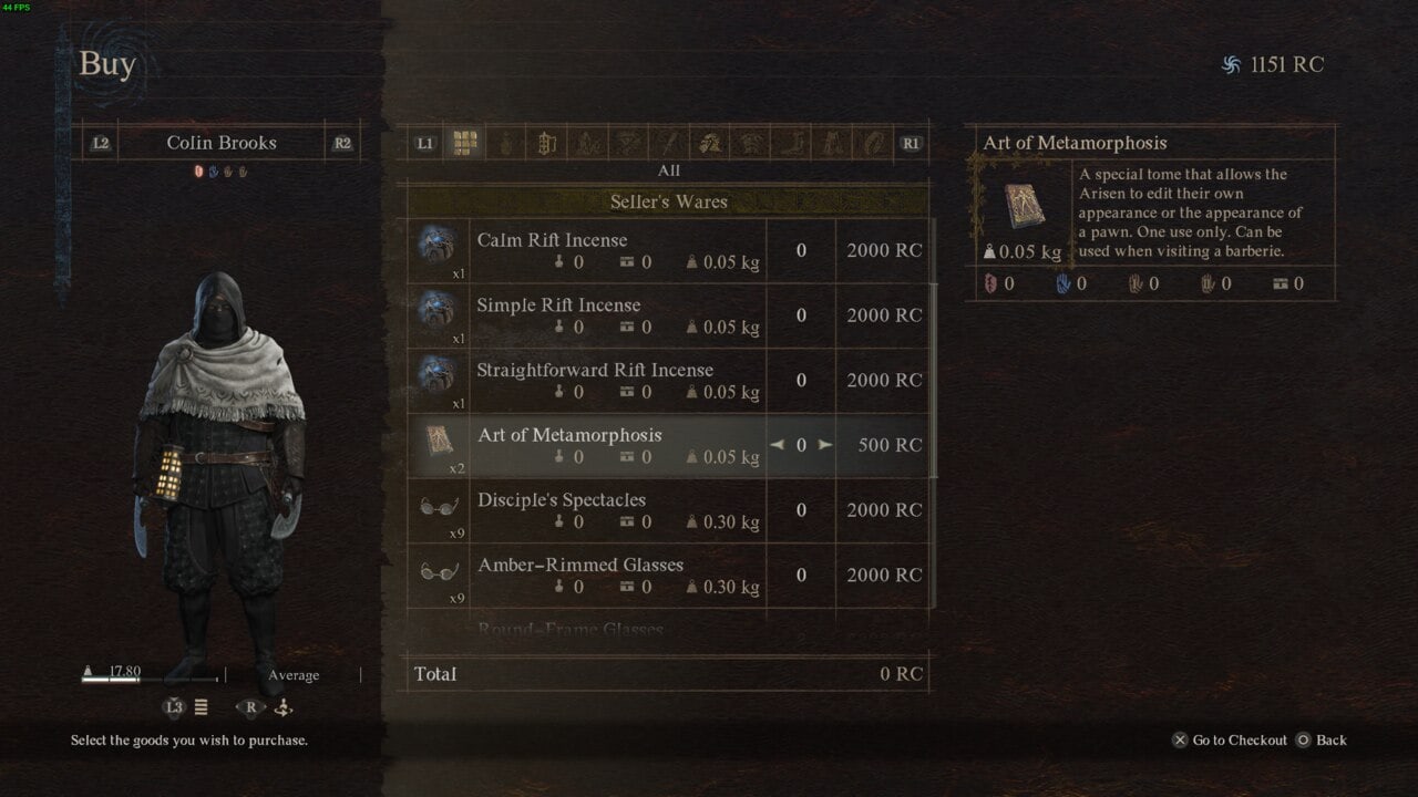 A screenshot of Dragon's Dogma 2 video game interface showing a character named Colin Brooks next to a vendor's inventory menu, highlighting an item called "Art of Misophorics.